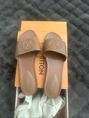 Louis Vuitton Tan Slide Sandals with Embossed Logo